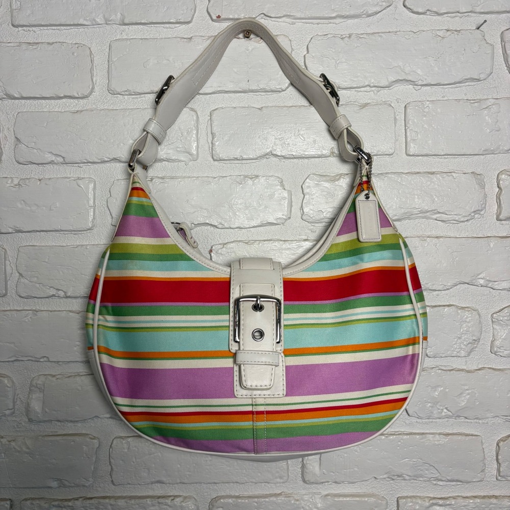 Vintage Coach Hamptons Multi-Stripe Hobo Shoulder Bag 10702 Y2K White Silver